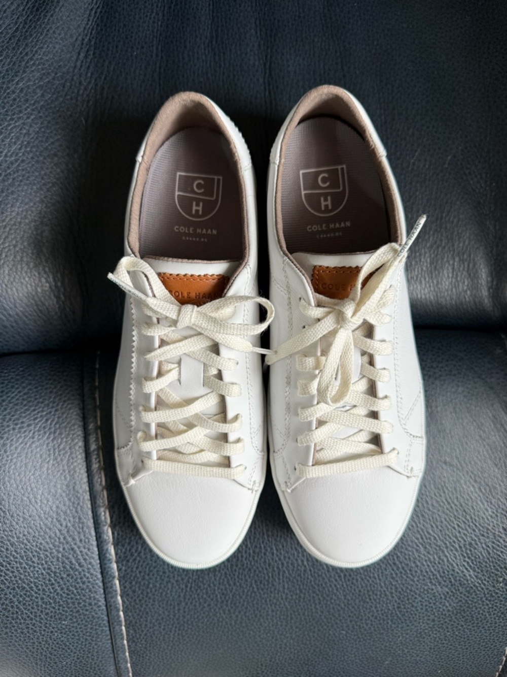 Cole Haan Cream-White Leather Sneakers with Brown Tongue Patch